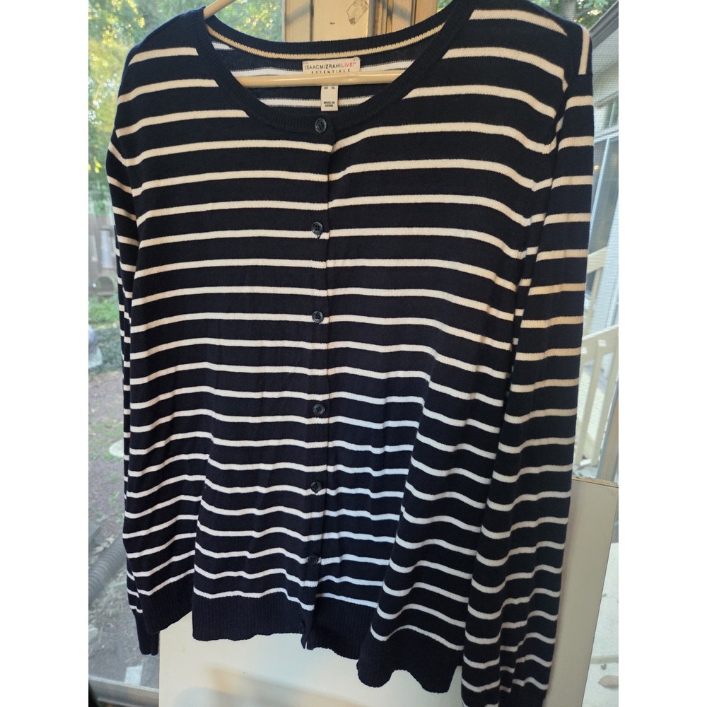 Isaac Mizrahi Striped Button Front Cardigan Navy &White Women XL Nautical Preppy